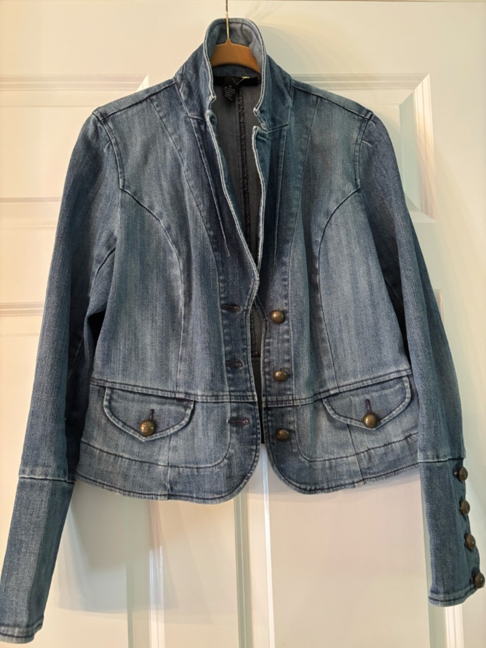 INC International Concepts Denim Jacket Brass Button Stretch Jean Jacket Size M - Picture 2 of 16